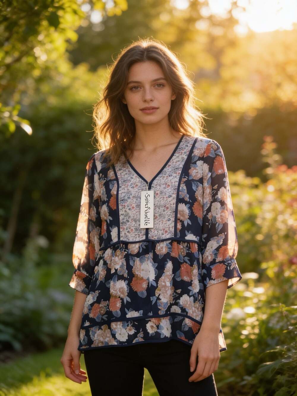 SIMPLY Noelle Floral V-Neck 3/4 Sleeve Peplum Blouse Size S/M Navy Peach NWT